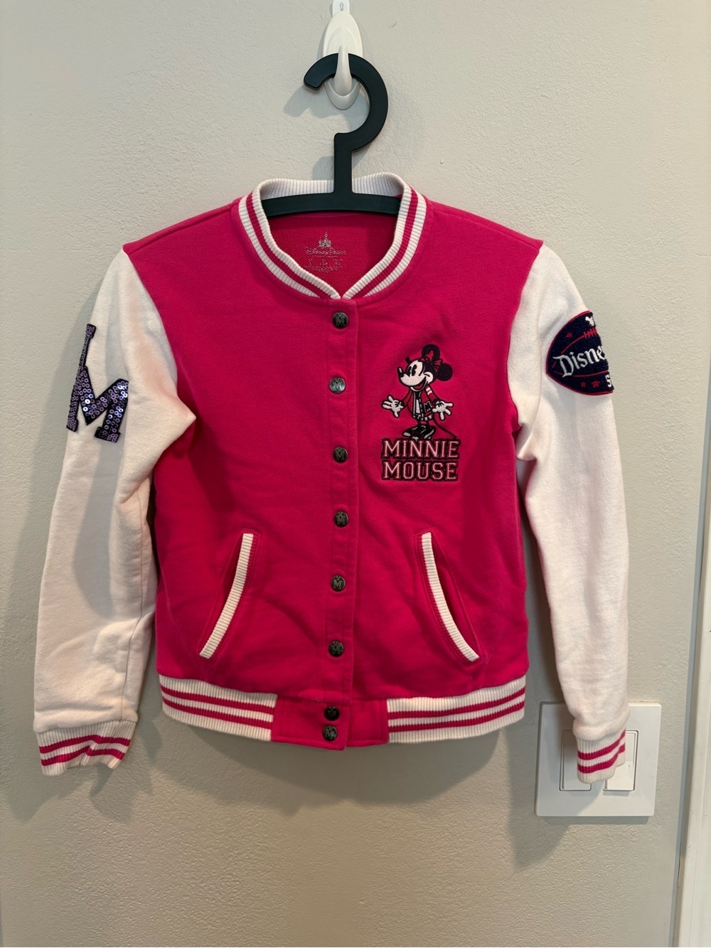 Disney Parks Minnie Mouse Varsity Jacket Girls Size Large EUC Embroidered